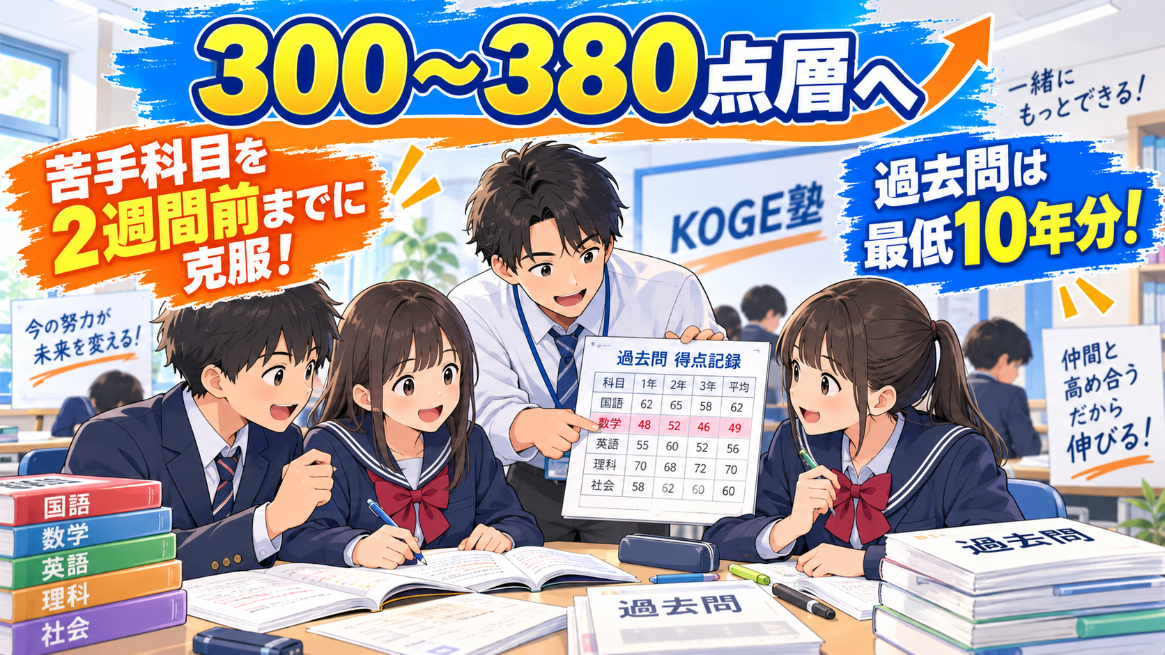 300〜380点層の学力診断テスト対策。苦手科目を2週間前までに克服し、過去問を最低10年分解く