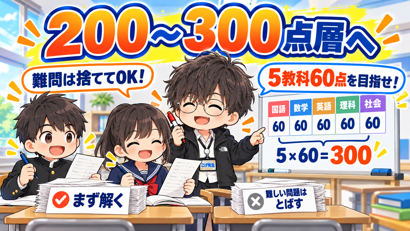 福井県の学力診断テストで200〜300点層が300点を目指す勉強法。難問を捨てて5教科60点を狙う