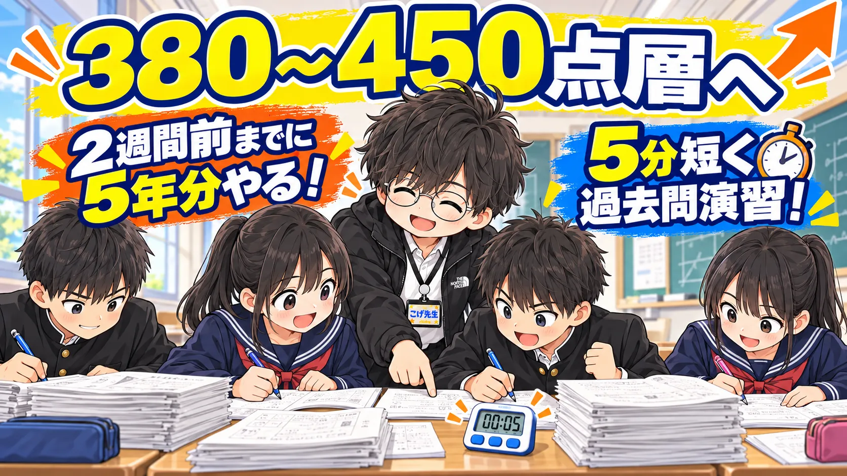 380〜450点層の学力診断テスト対策。2週間前までに5年分、5分短く過去問演習