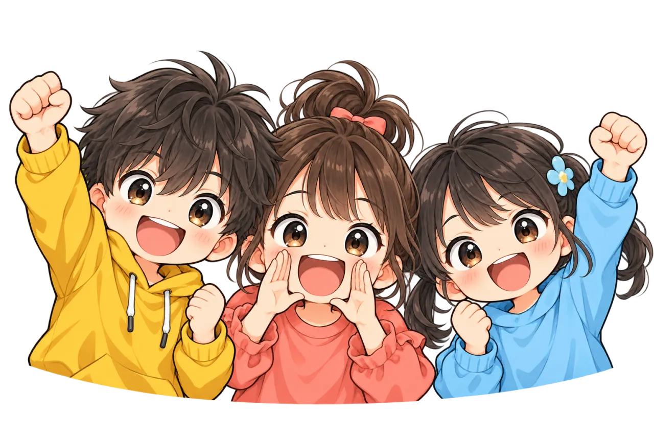 手を上げて元気に叫ぶ、可愛い子どもたちのイラスト