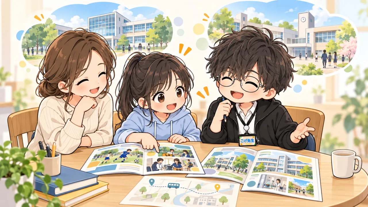 こげ先生と親子がパンフレットを見ながら学校選びを相談するイラスト