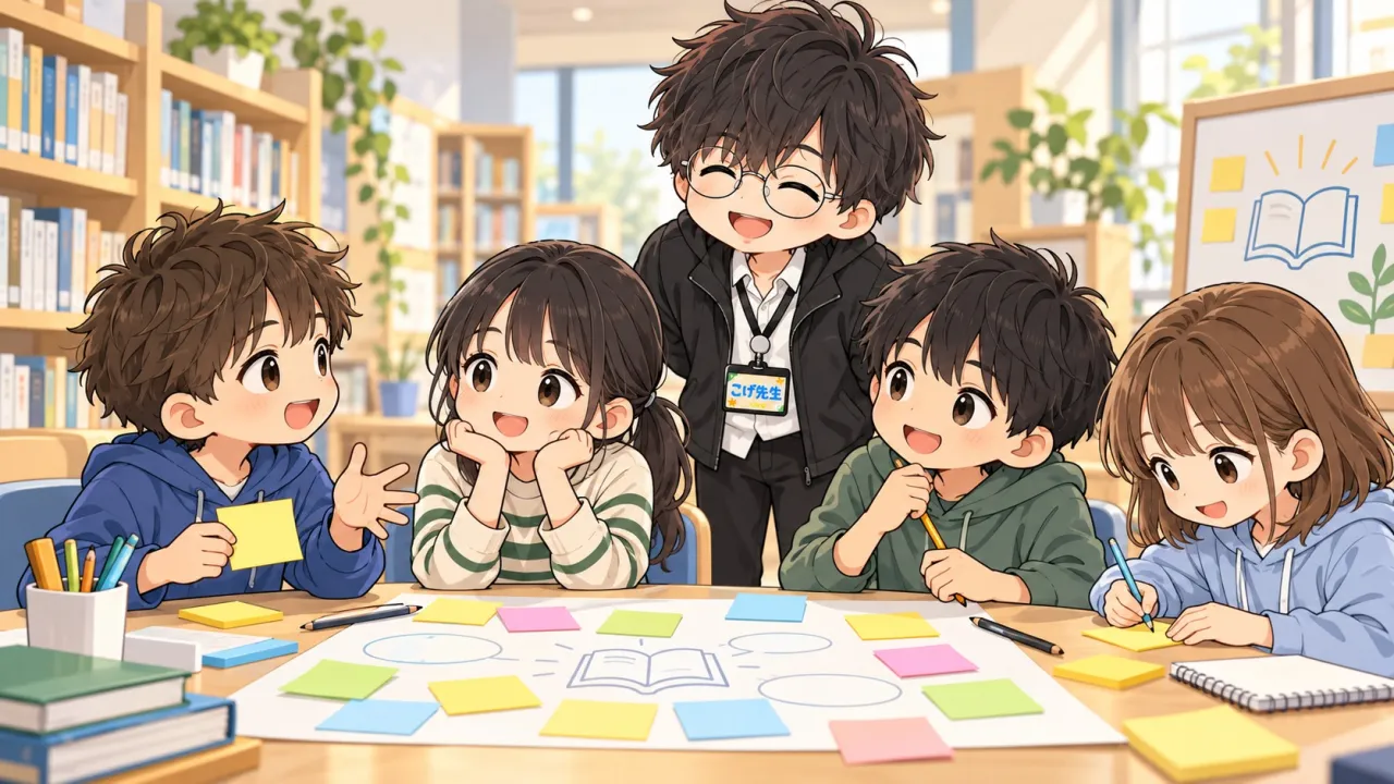 こげ先生が見守る中、子どもたちが小集団活動の練習で意見を出し合うイラスト