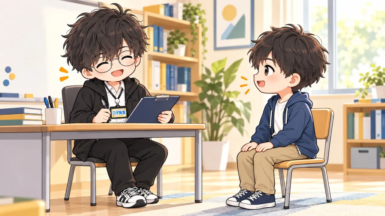こげ先生を相手に男の子が個人面接を練習するイラスト