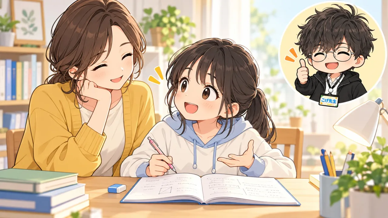 家庭学習に取り組む子どもを母親とこげ先生のキャラクターが応援するイラスト