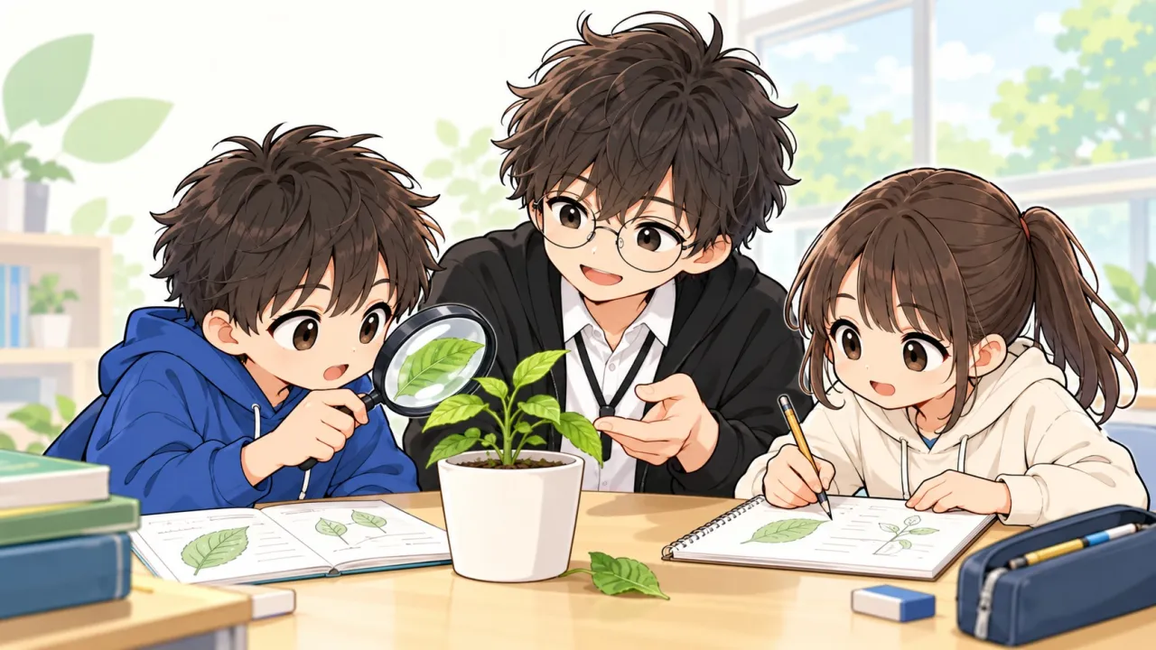 こげ先生と生徒が植物を観察する探究学習のイメージ